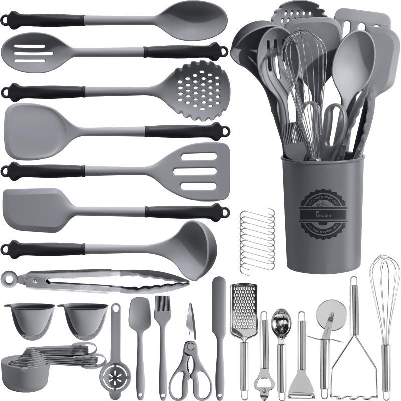 Kikcoin 43Pcs Large Kitchen Utensils Set - Silicone Cooking Utensils Set  Dishwasher Safe Spatula Set for Non-stick Cookware  446F Heat Resistant Kitchen Utensils Set with Holder BPA Free  Grey - Image 1